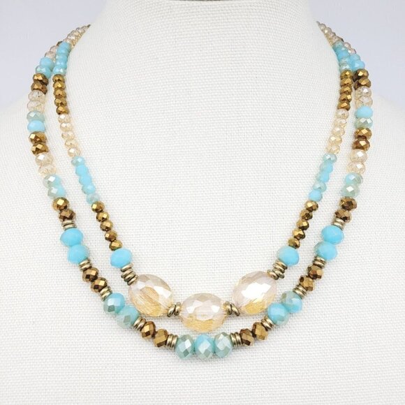 Artisan Double Strand Faceted Crystal Glass Beaded Necklace Electroplated Gold - Picture 1 of 8